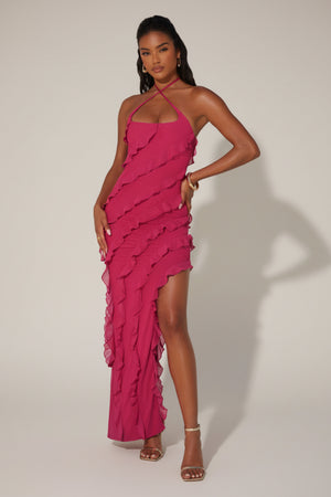 Oh Polly's Yarelis wearing the Calico Maxi Dress in Fuchsia Mesh fabric perfect for summer garden parties