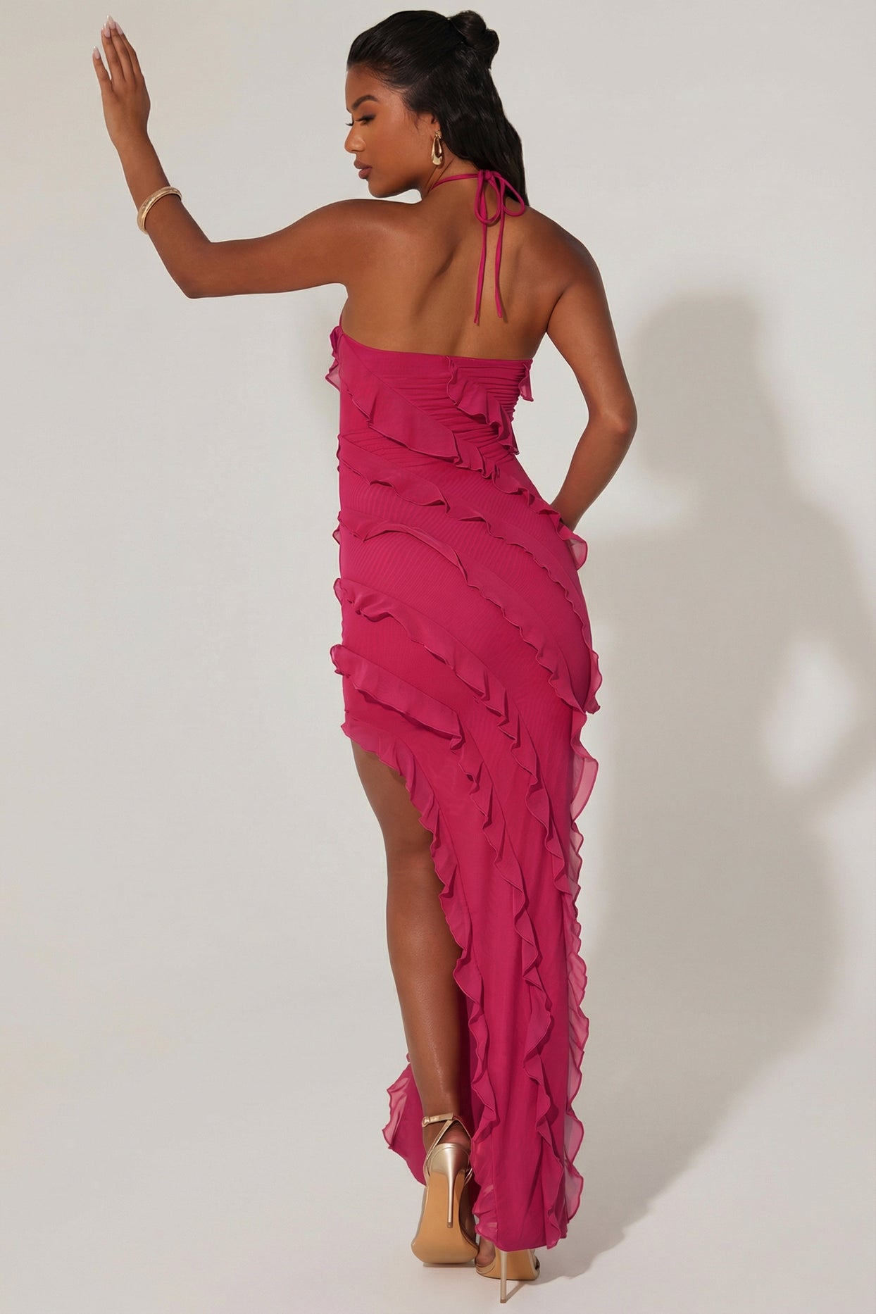 Cross Strap Ruffle Floor Length Dress in Fuchsia - 2