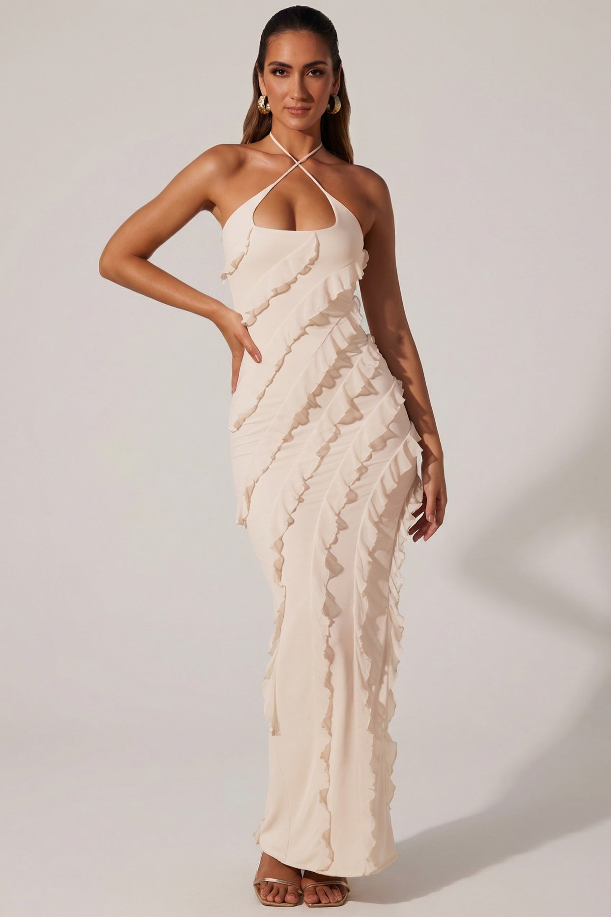 Cross Strap Ruffle Floor Length Dress in Ivory - 4