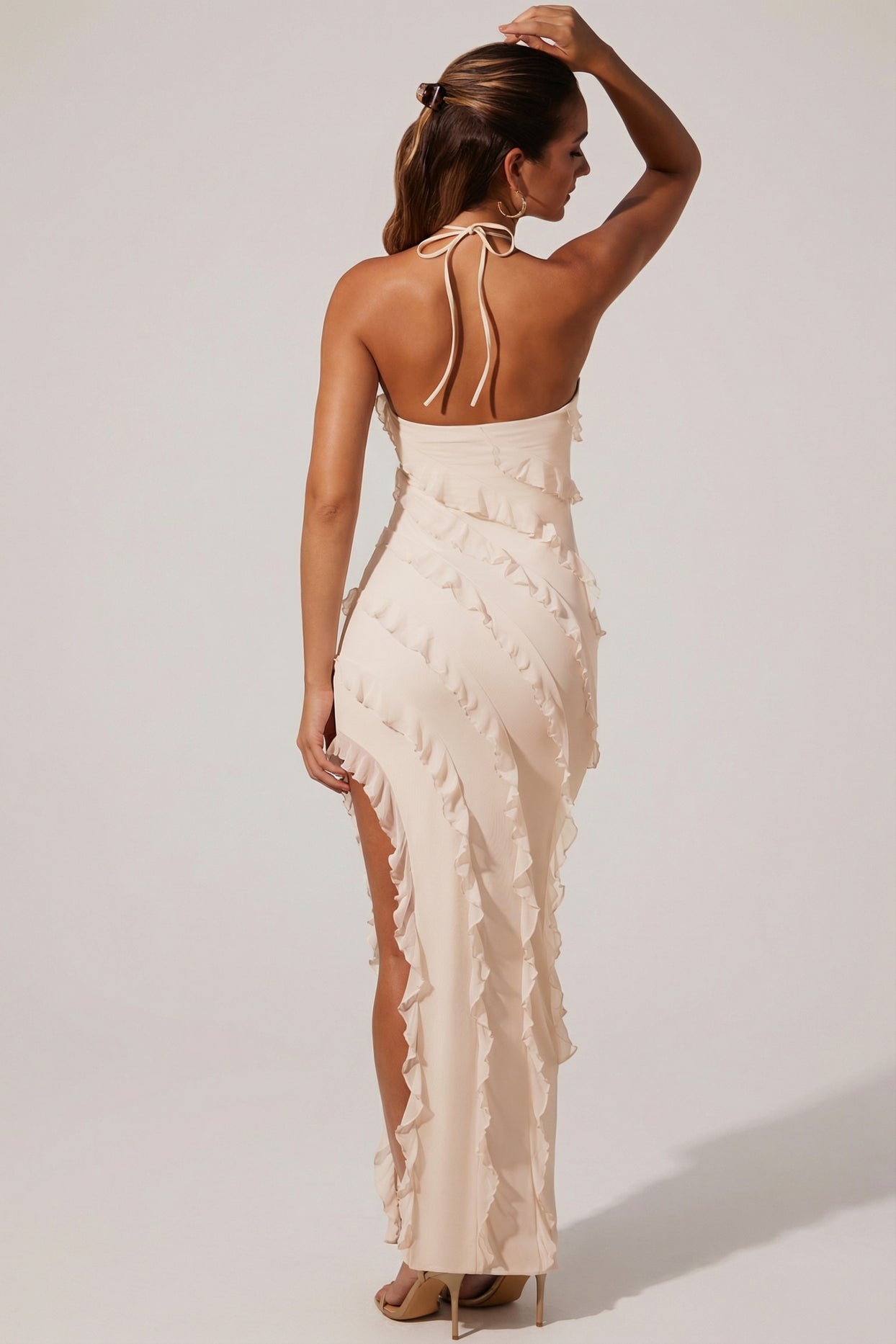 Cross Strap Ruffle Floor Length Dress in Ivory - 2