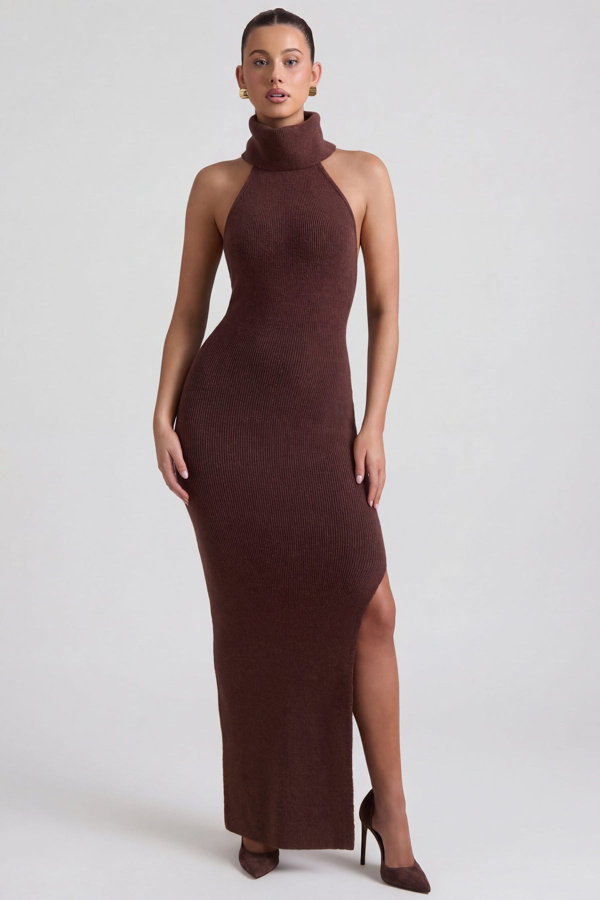 Ribbed-Knit Turtleneck Backless Maxi Dress in Espresso