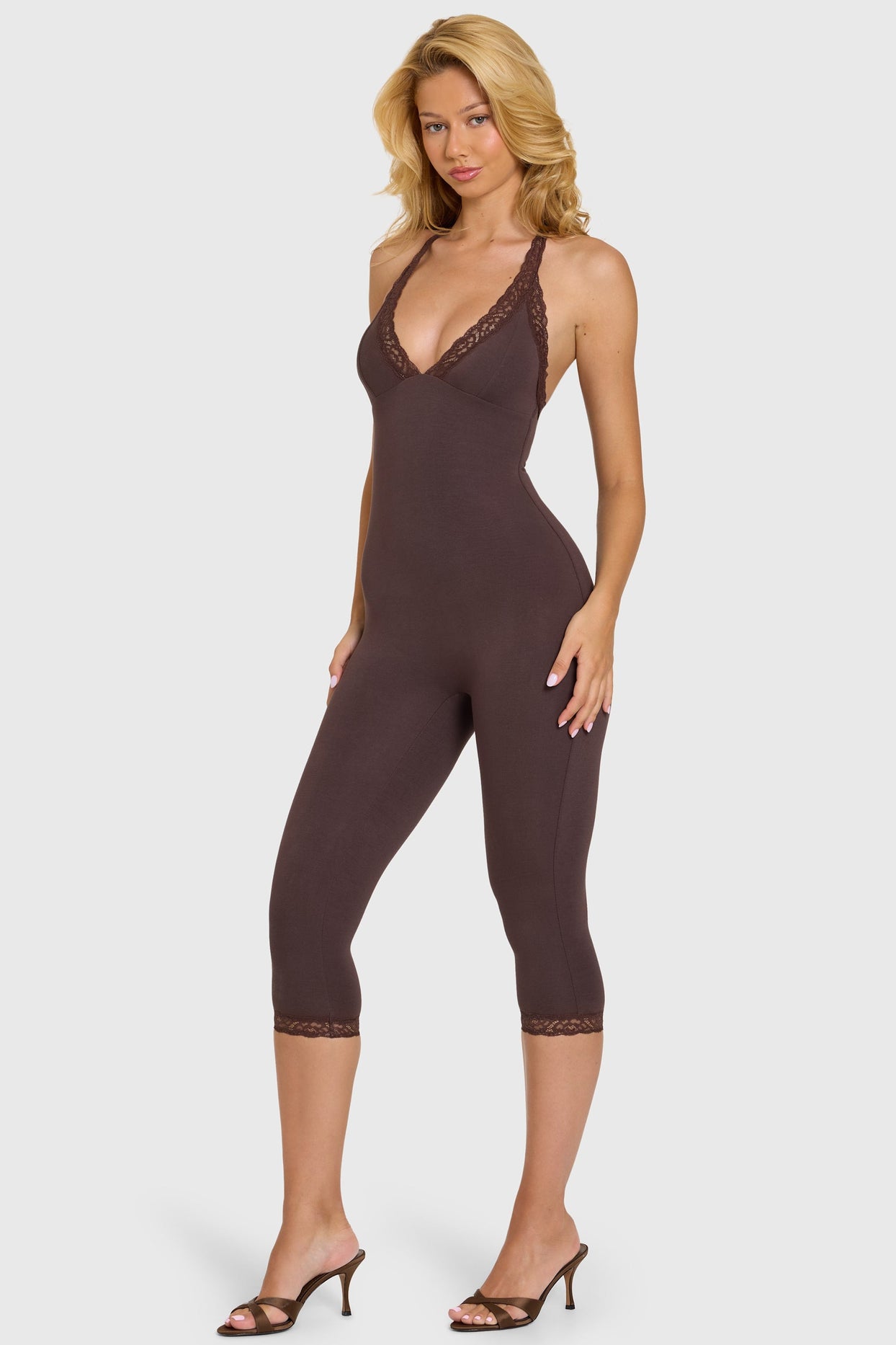 Modal Lace-Trim Capri Jumpsuit in Chocolate - 8