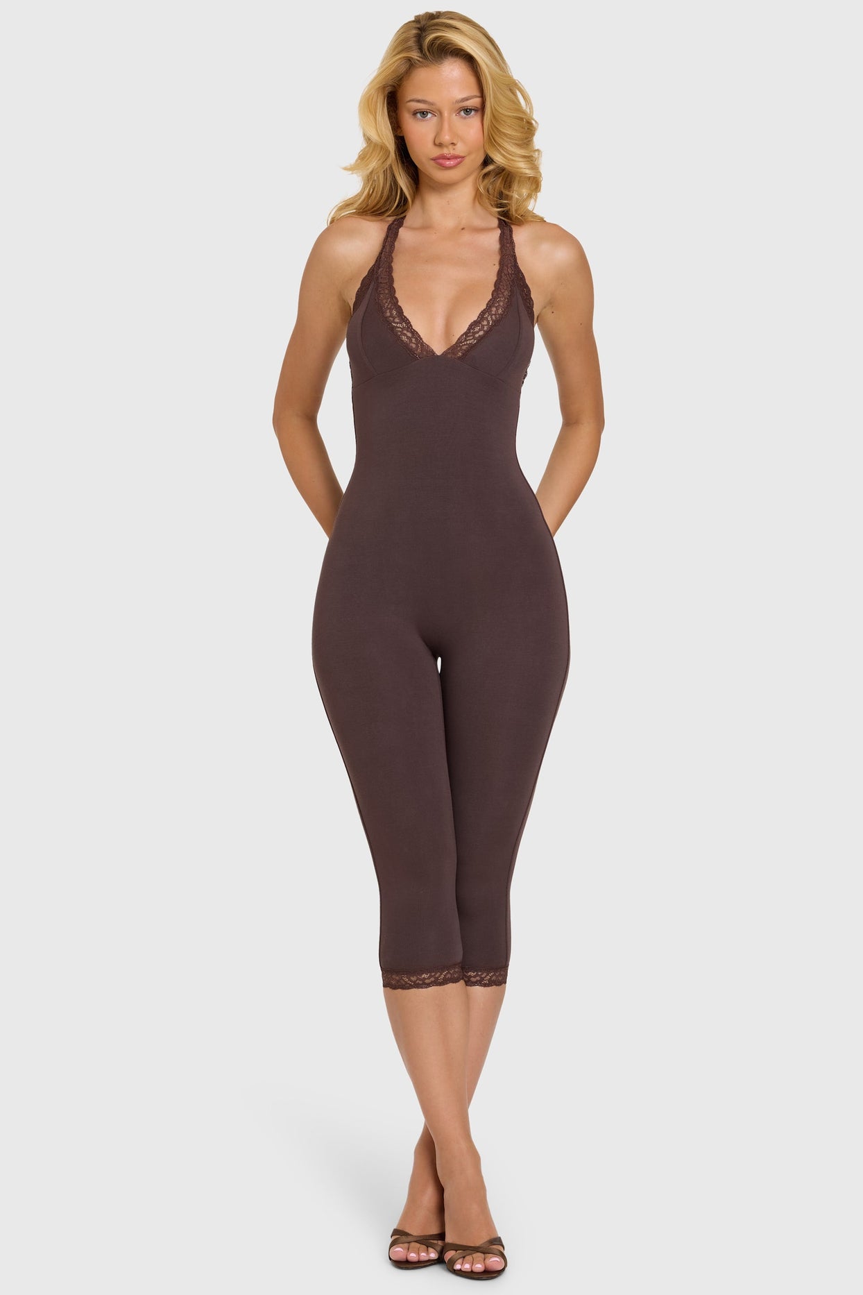 Modal Lace-Trim Capri Jumpsuit in Chocolate - 6