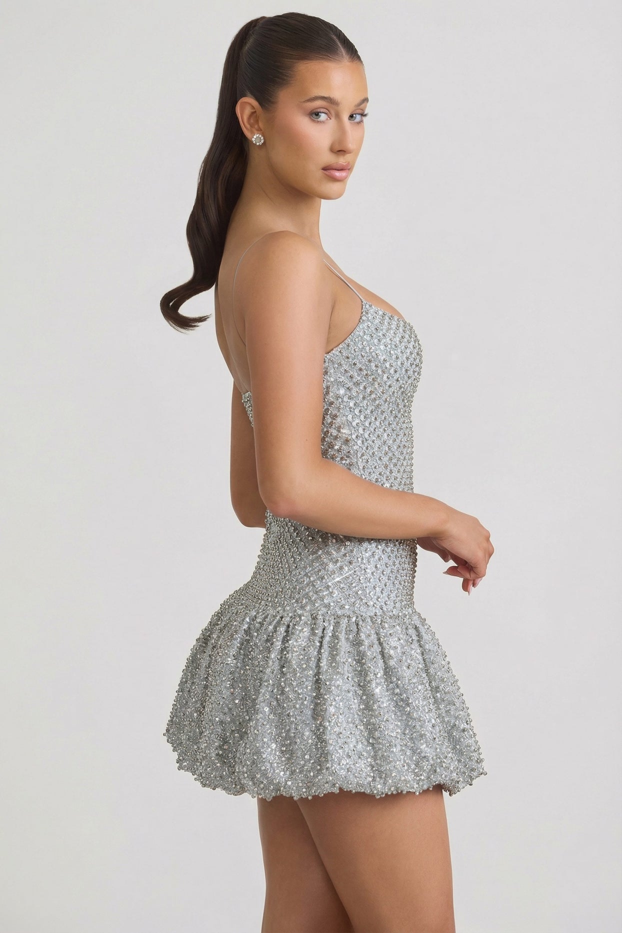 Embellished Bubble Hem Mini Dress in Silver - 5