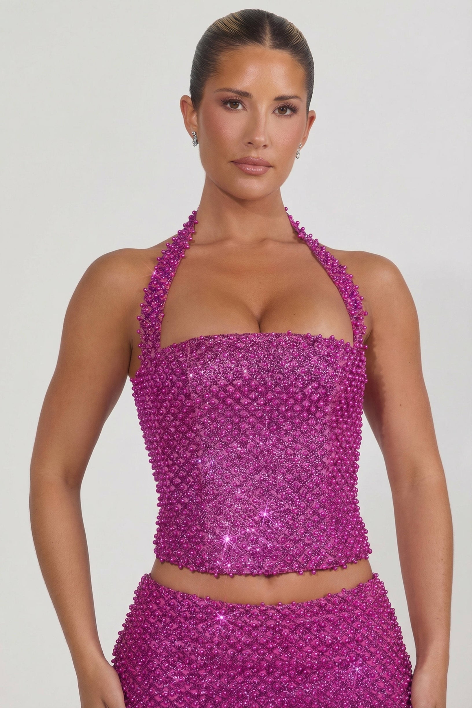Embellished Halterneck Corset Top in Magenta - 1