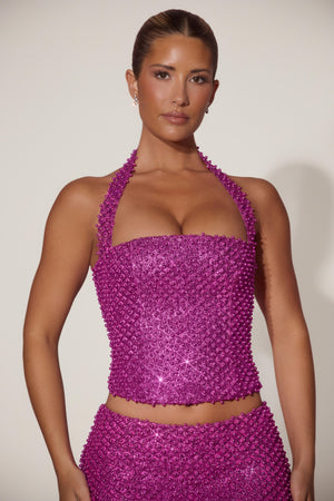 Embellished Halterneck Corset Top in Magenta
