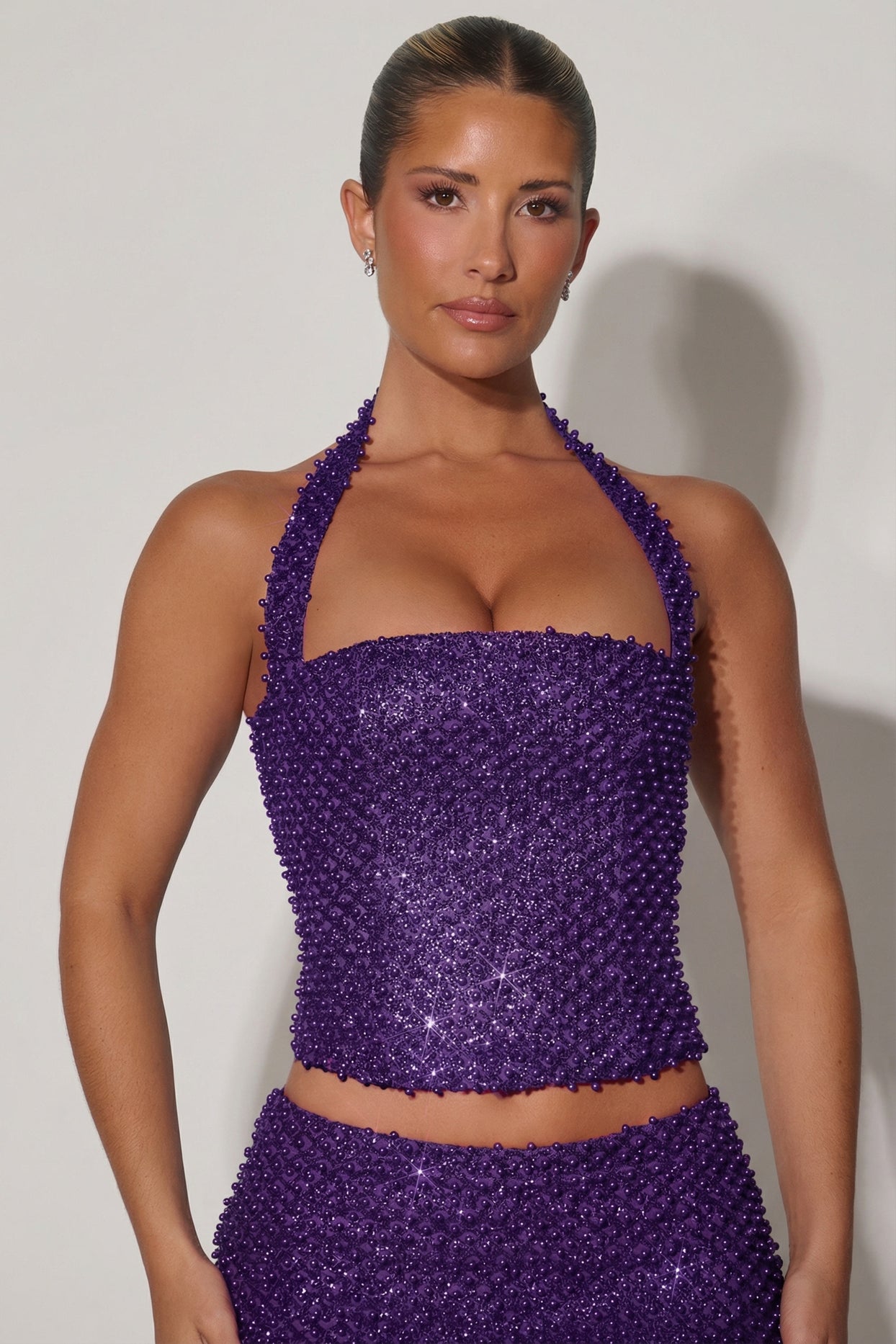 Embellished Halterneck Corset Top in Purple - 6