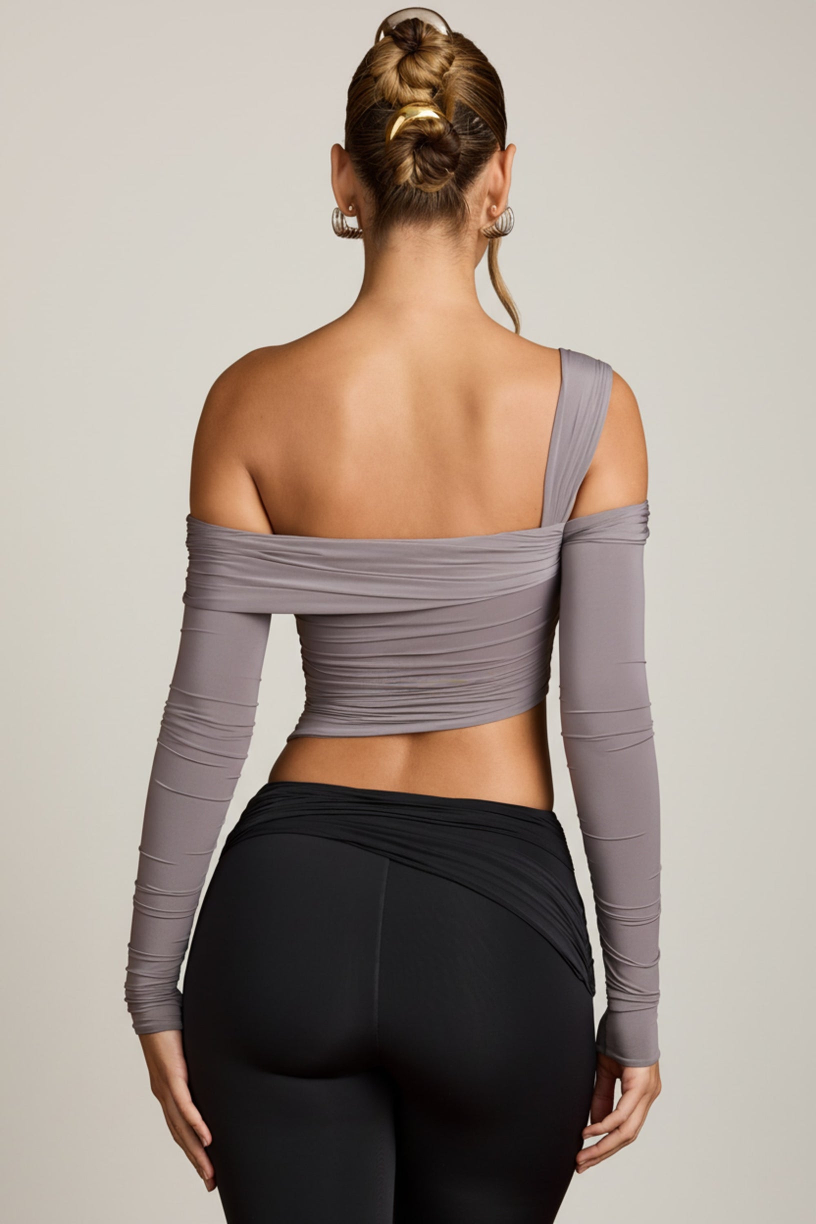 Asymmetric Off-Shoulder Draped Top in Steel Grey - 2