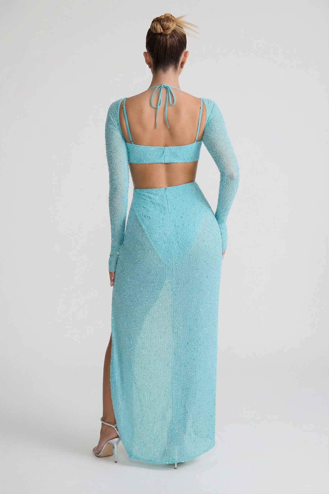 Embellished Cowl Neck Maxi Dress in Aquamarine - 2