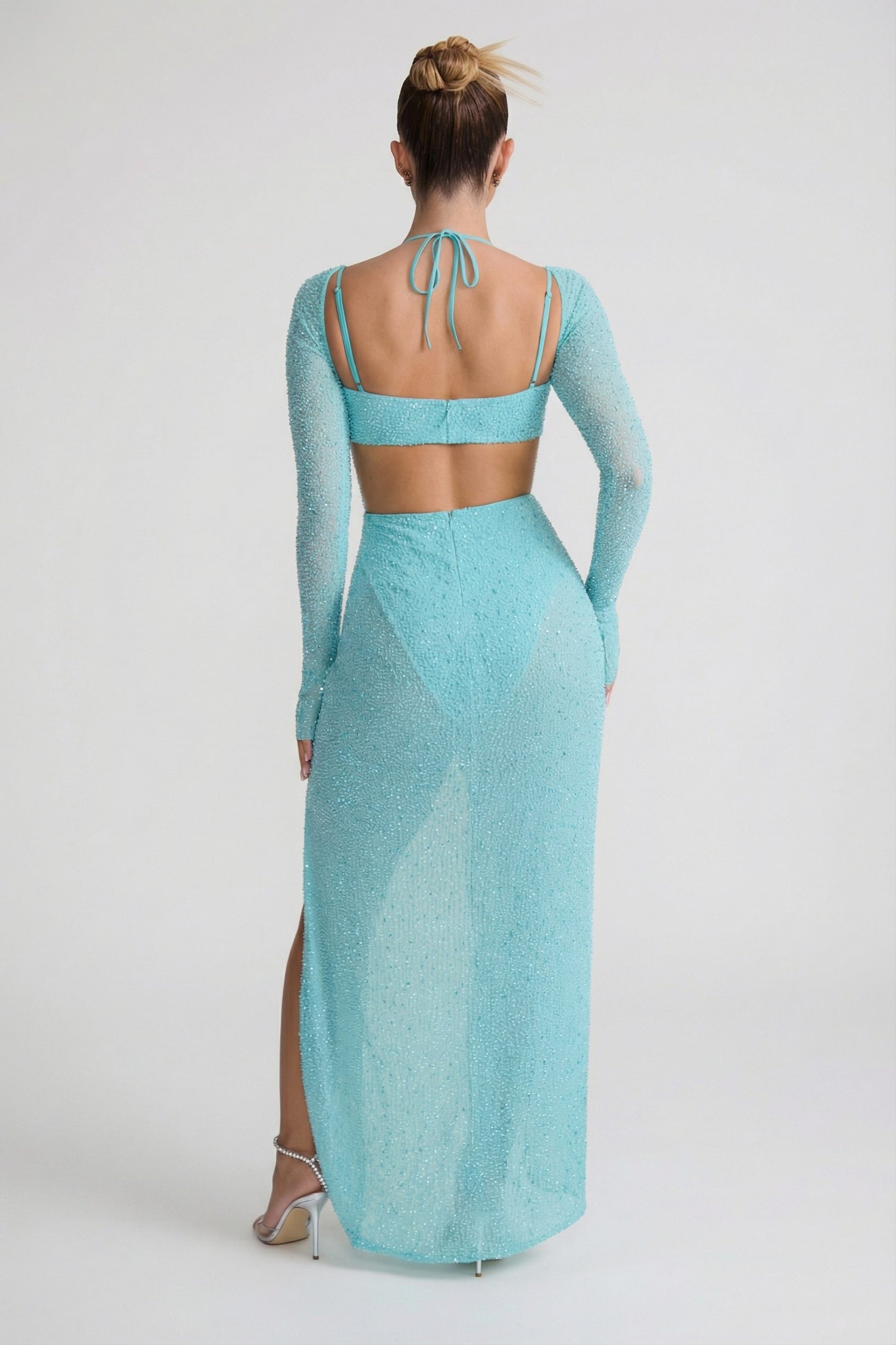 Embellished Cowl Neck Maxi Dress in Aqua - 2
