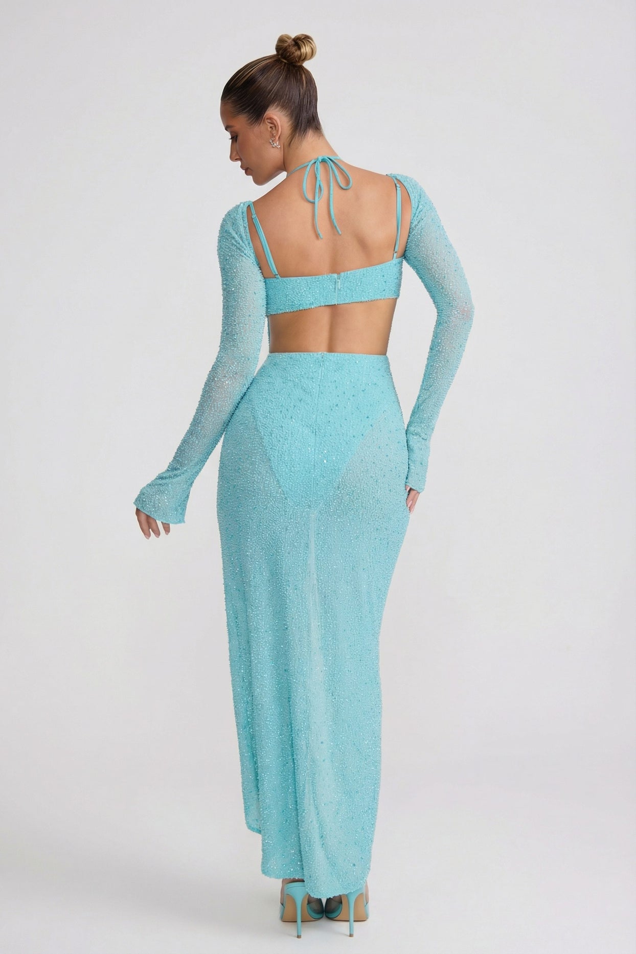 Embellished Cowl Neck Maxi Dress in Aquamarine - 8