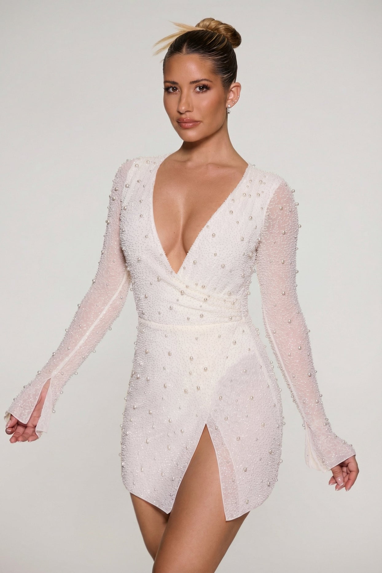 Embellished Wrap Over A-Line Mini Dress in Ivory - 5