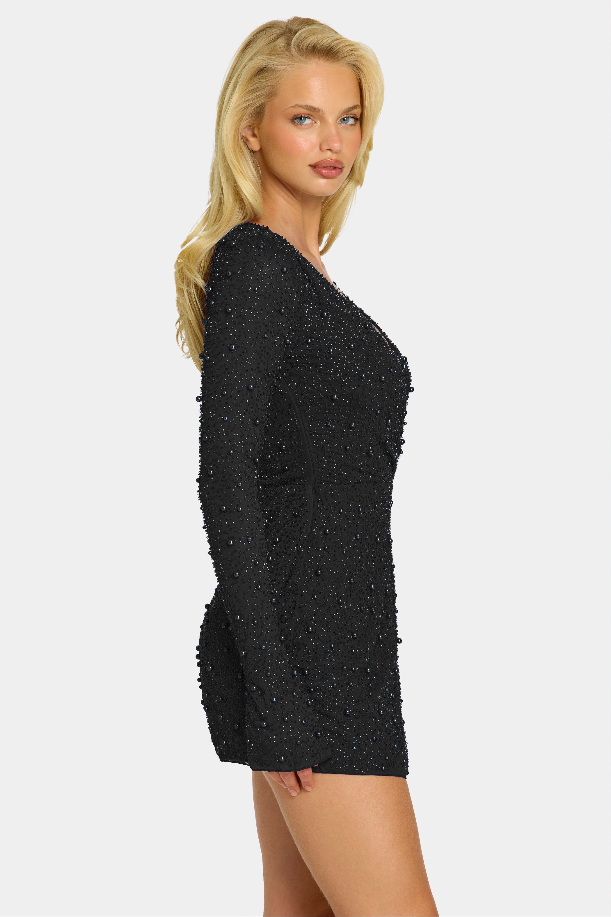 Embellished Wrap Over A-Line Mini Dress in Black