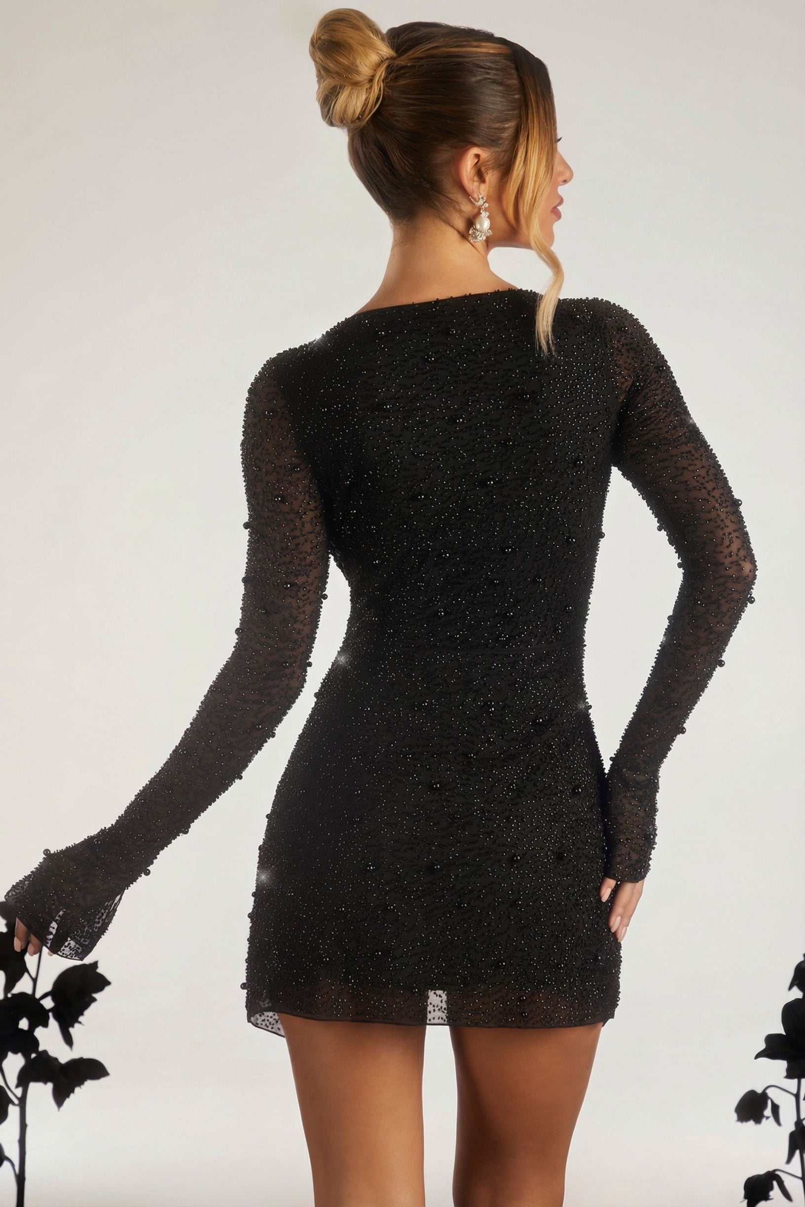 Embellished Wrap Over A-Line Mini Dress in Black - 2