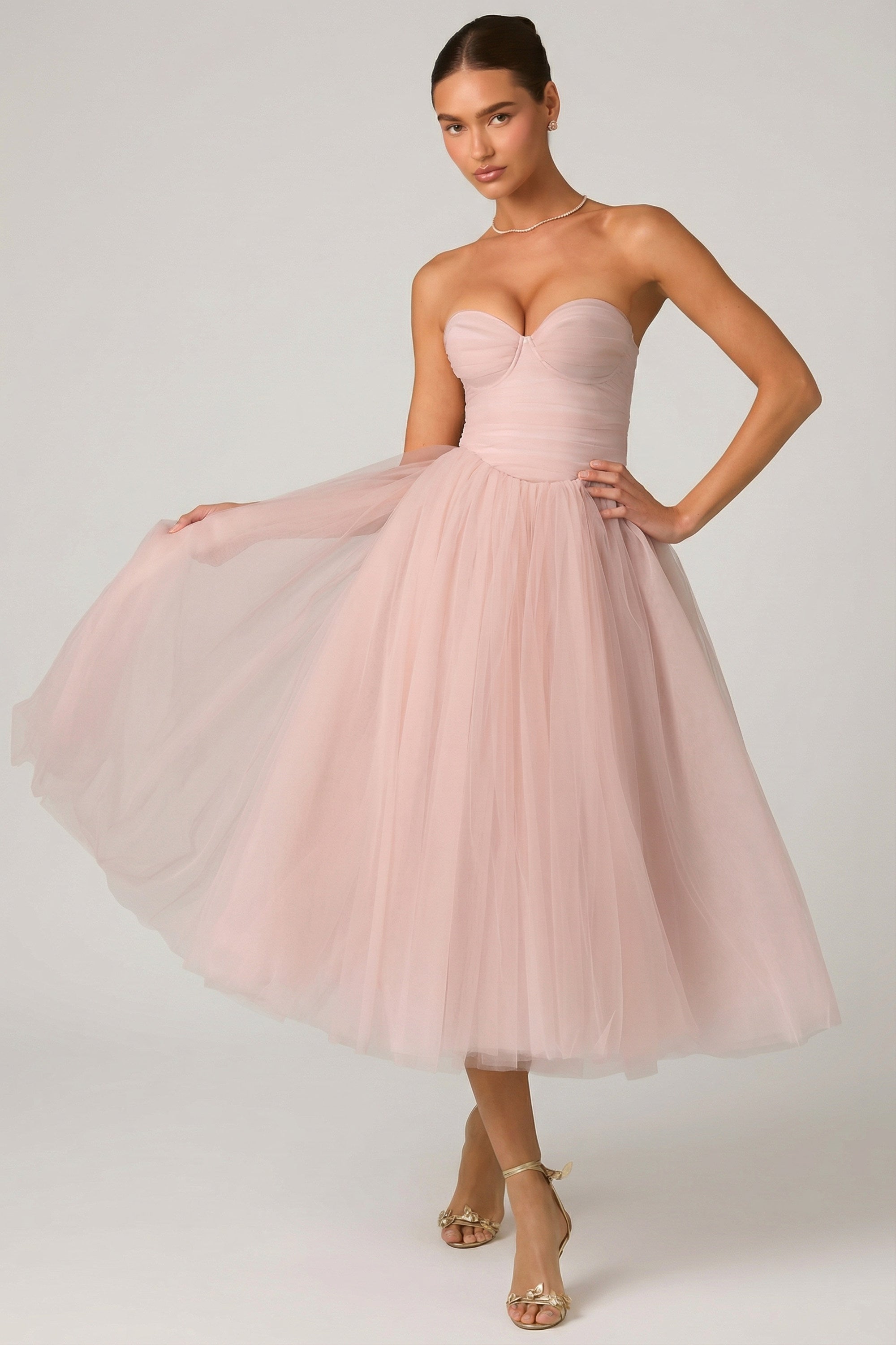 embellished corset tulle skirt midi dress Rosette Embellished Corset Tulle Skirt Midi Dress in Ivory
