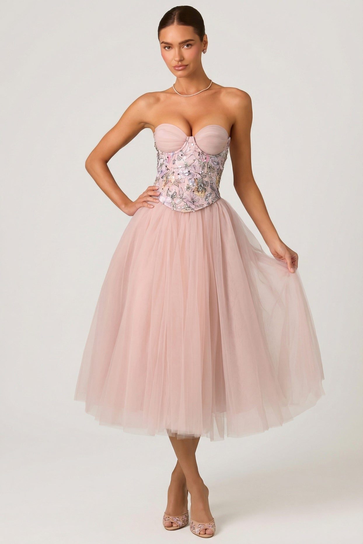 Tulle Corset Midaxi Dress in Dusty Rose - 4