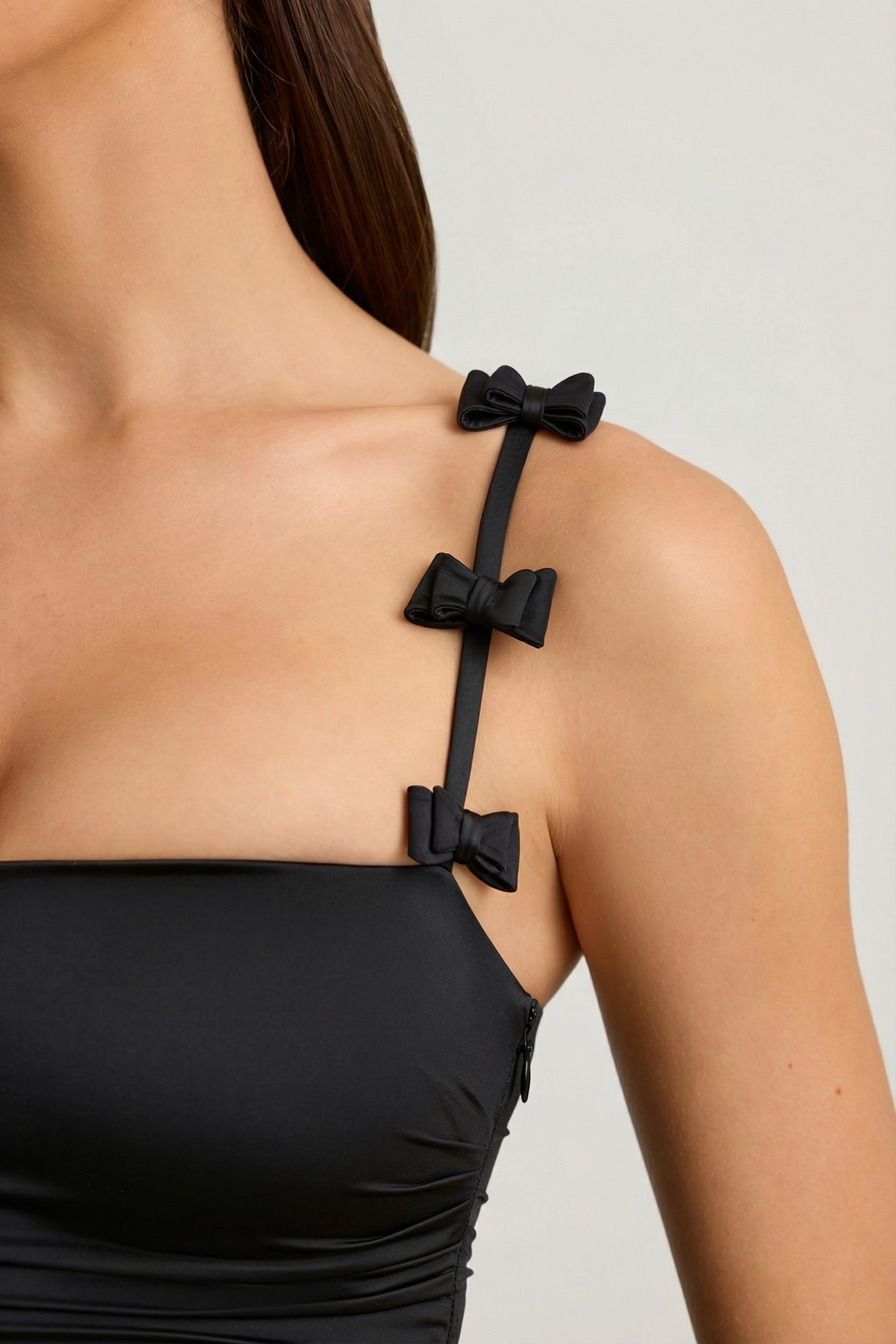 Bow-Detail Ruched Bubble Hem Mini Dress in Black - 4