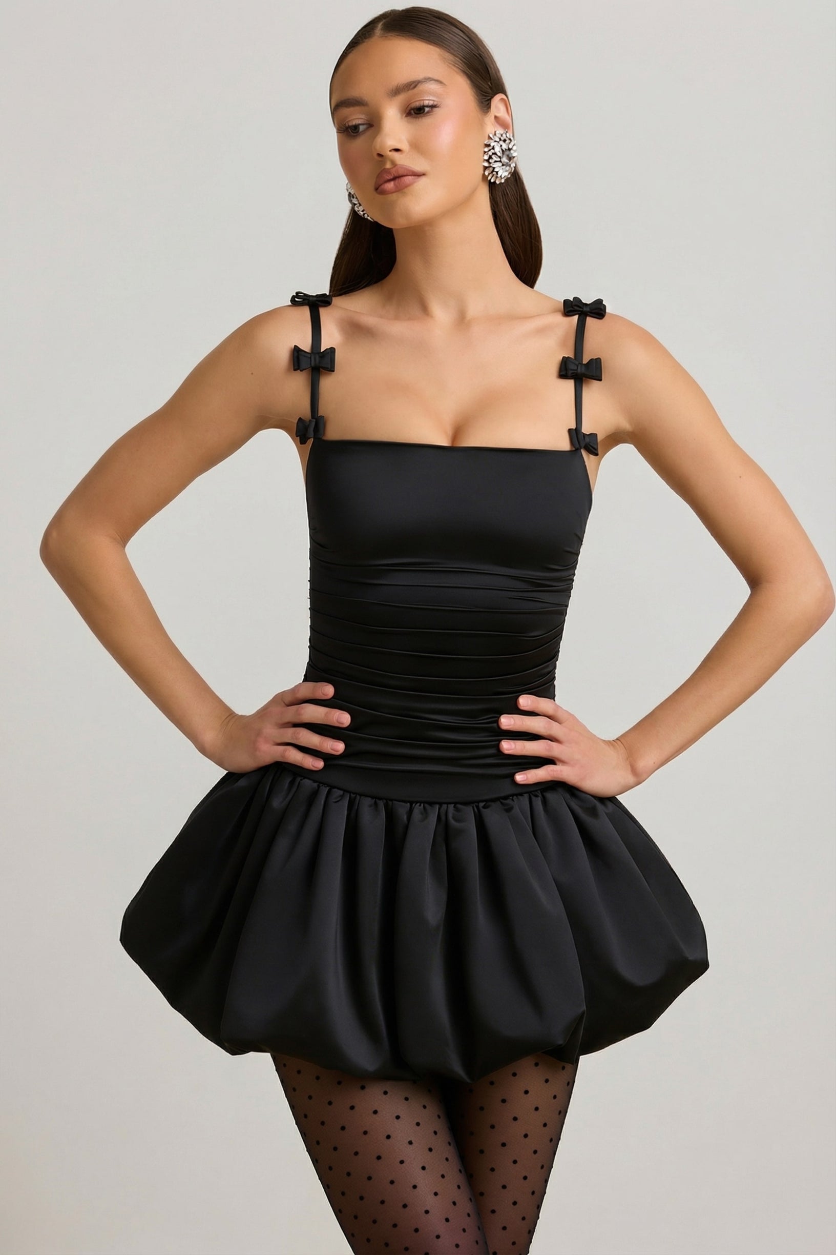 Bow-Detail Ruched Bubble Hem Mini Dress in Black - 1