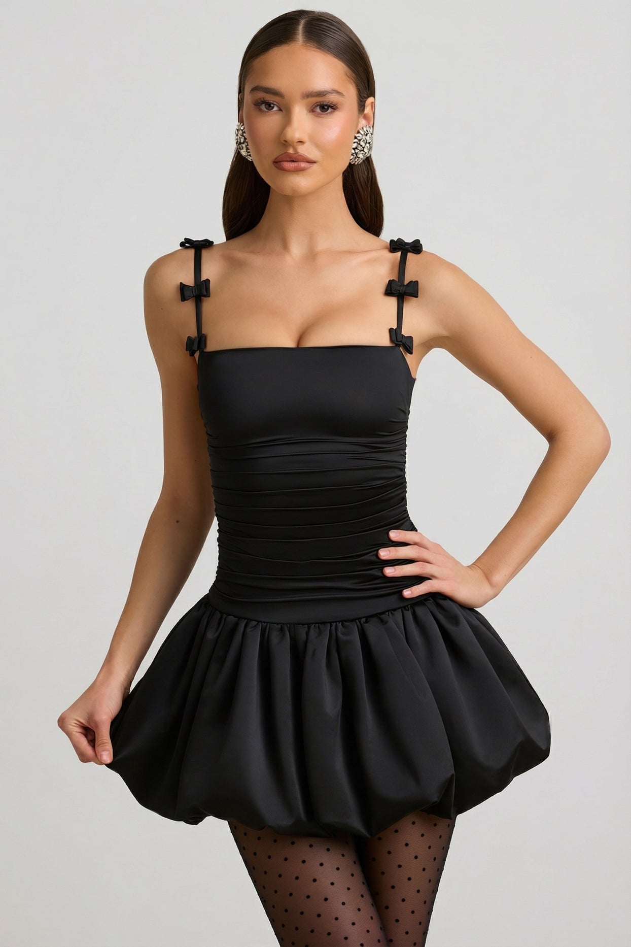 Bow-Detail Ruched Bubble Hem Mini Dress in Black - 6
