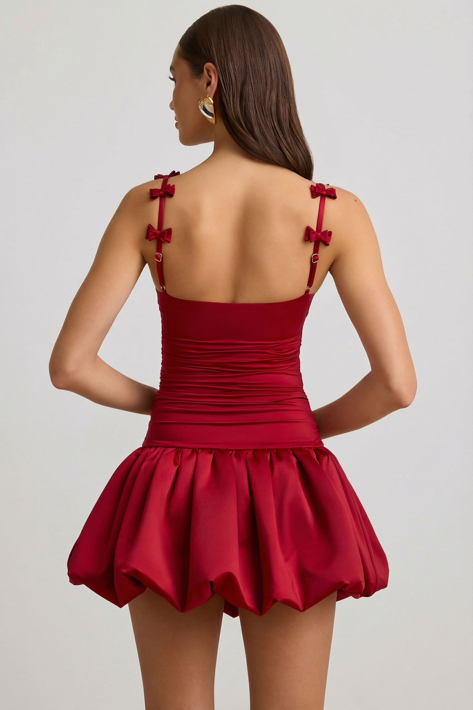 Bow-Detail Ruched Bubble Hem Mini Dress in True Red - 2