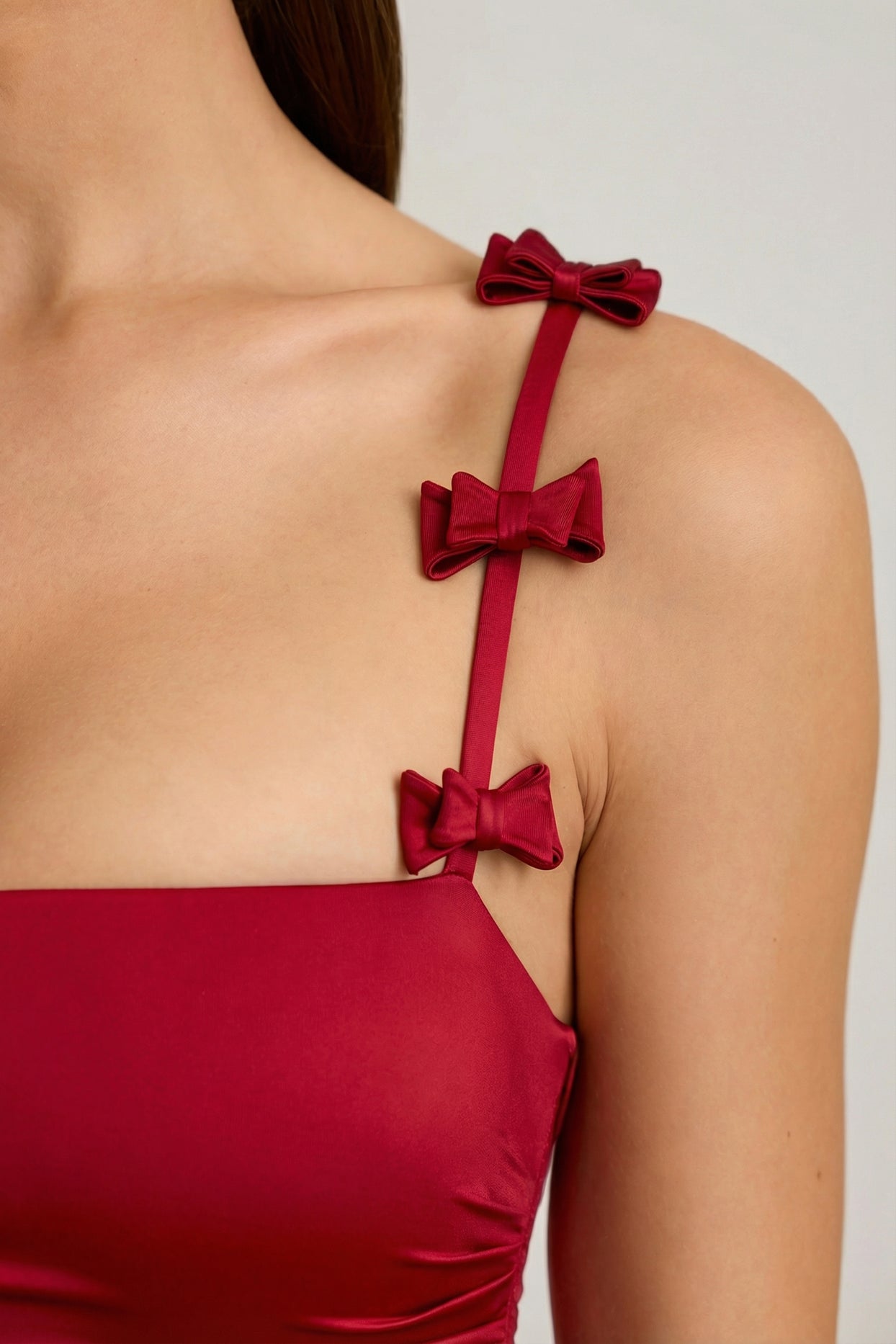 Bow-Detail Ruched Bubble Hem Mini Dress in True Red - 5