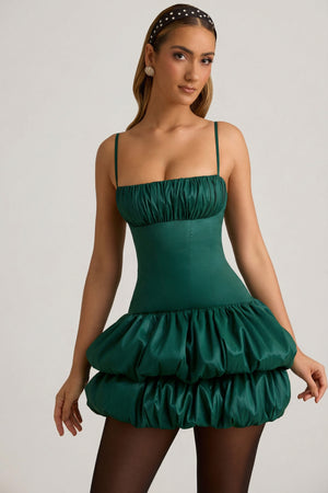 Layered Bubble Hem Corset Mini Dress in Emerald Green