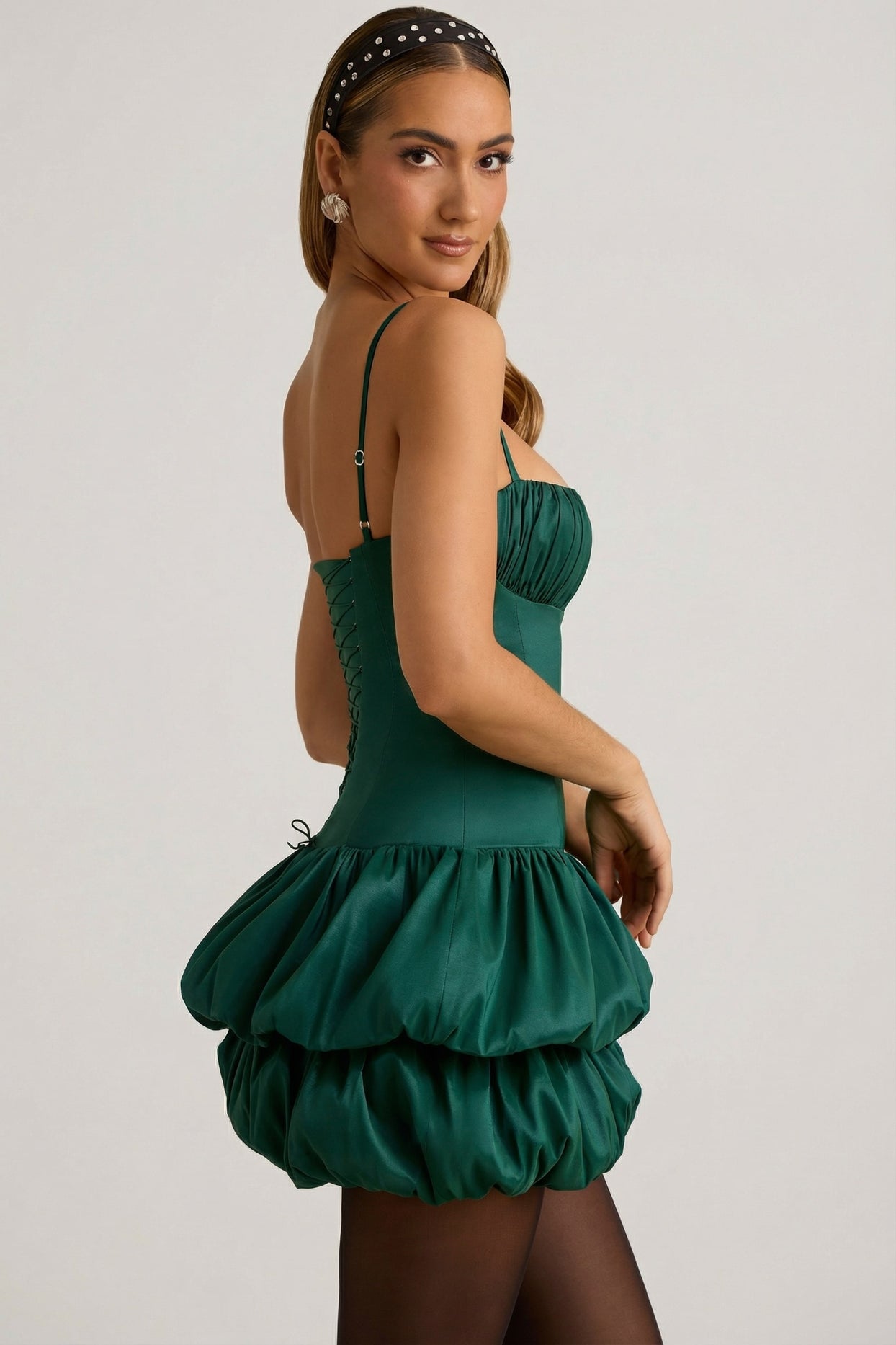 Satin Bubble Hem Corset Mini Dress in Emerald Green - 3