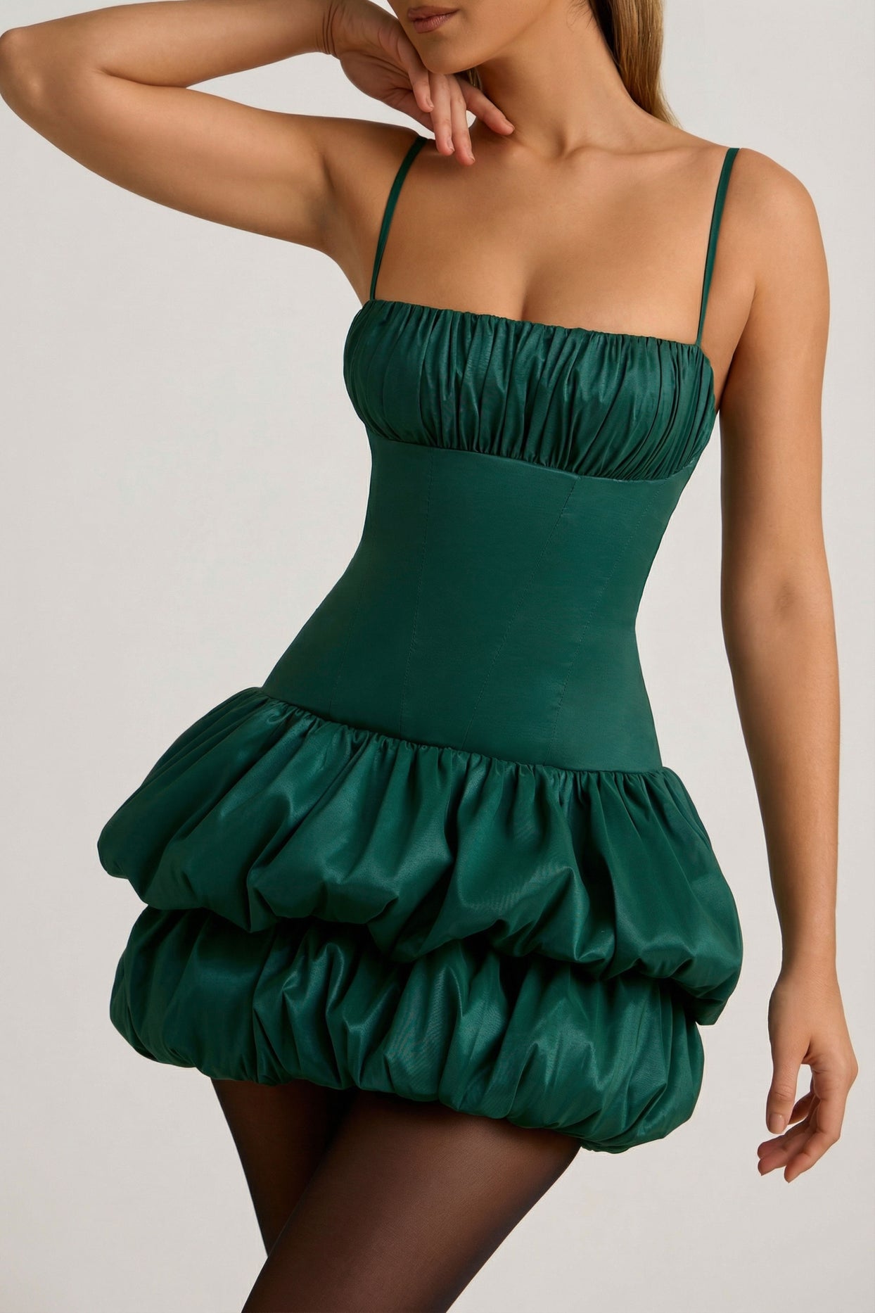 Satin Bubble Hem Corset Mini Dress in Emerald Green - 4