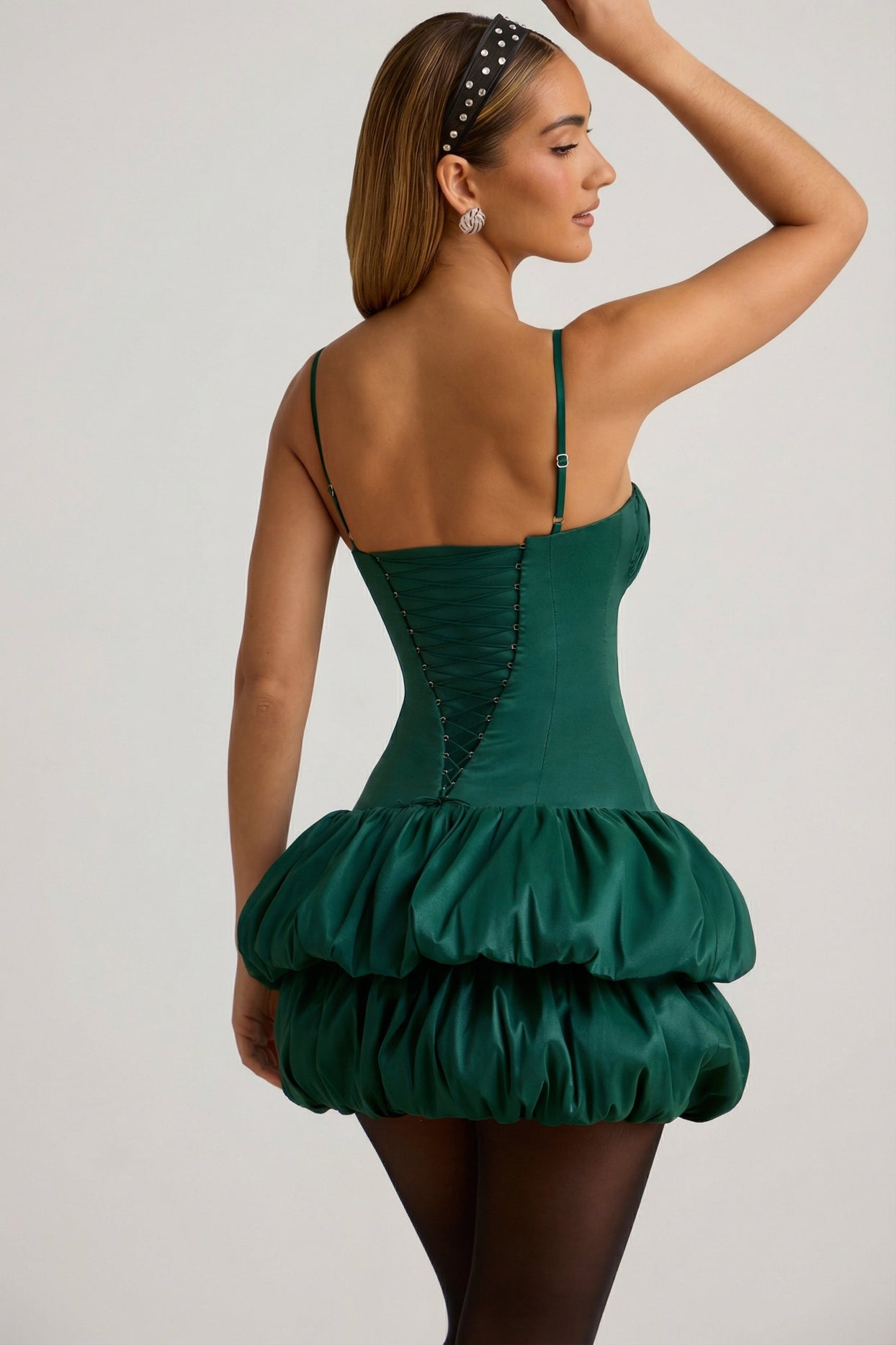 Satin Bubble Hem Corset Mini Dress in Emerald Green - 6
