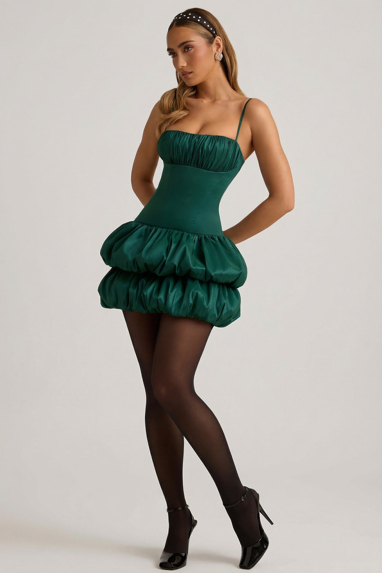Satin Bubble Hem Corset Mini Dress in Emerald Green - 8