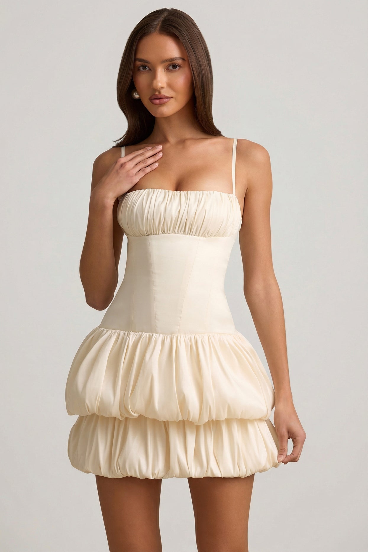 Satin Bubble Hem Corset Mini Dress in Ivory - 8
