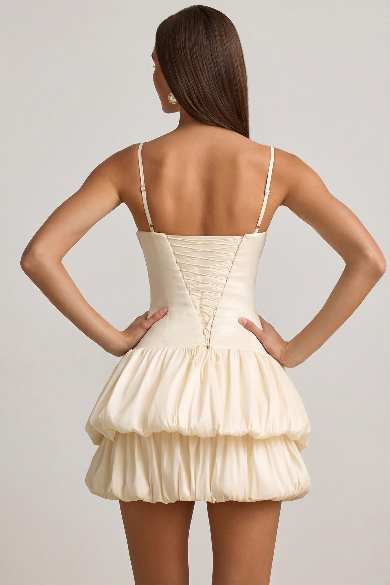 Satin Bubble Hem Corset Mini Dress in Ivory - 2