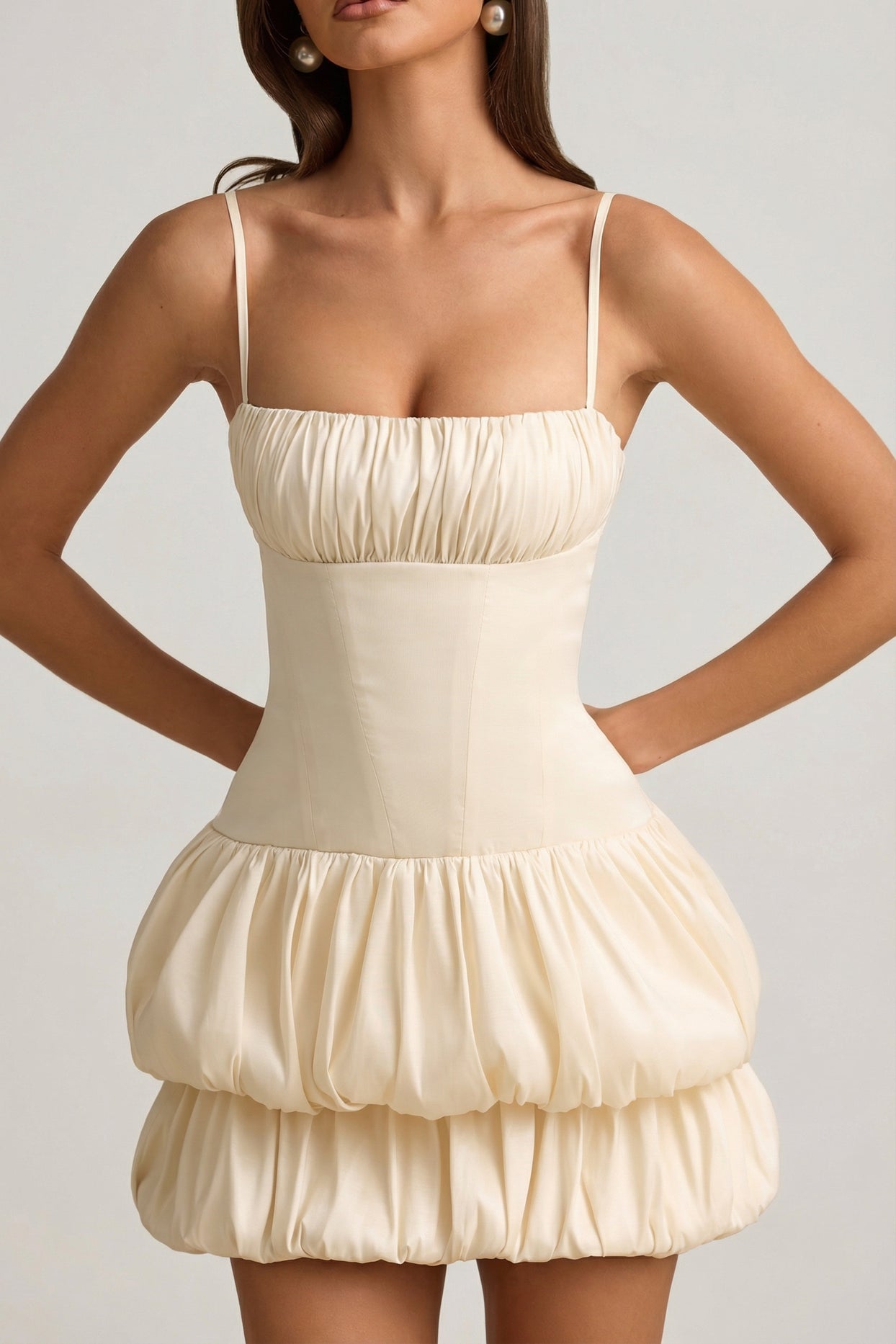 Satin Bubble Hem Corset Mini Dress in Ivory - 4