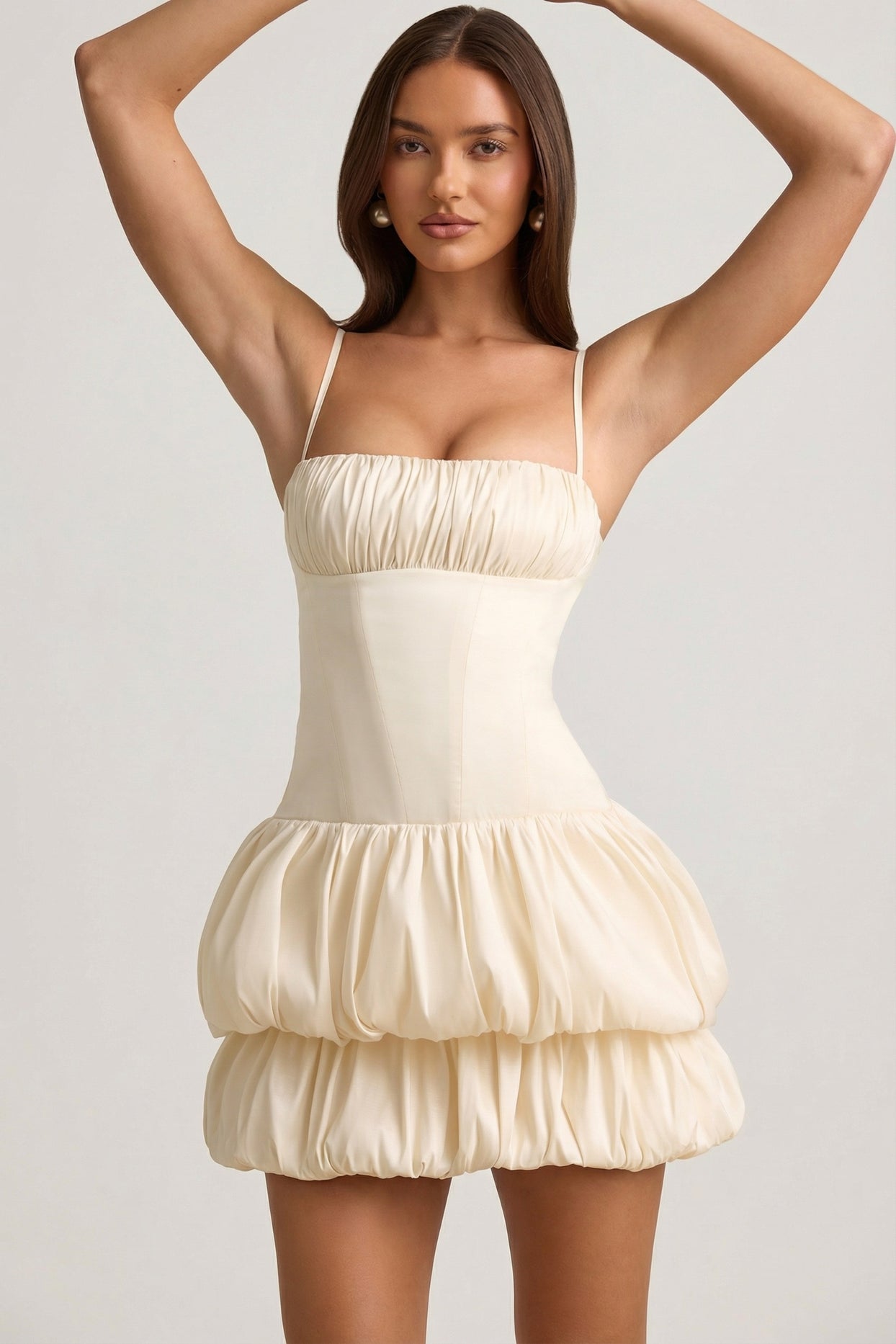 Satin Bubble Hem Corset Mini Dress in Ivory - 7