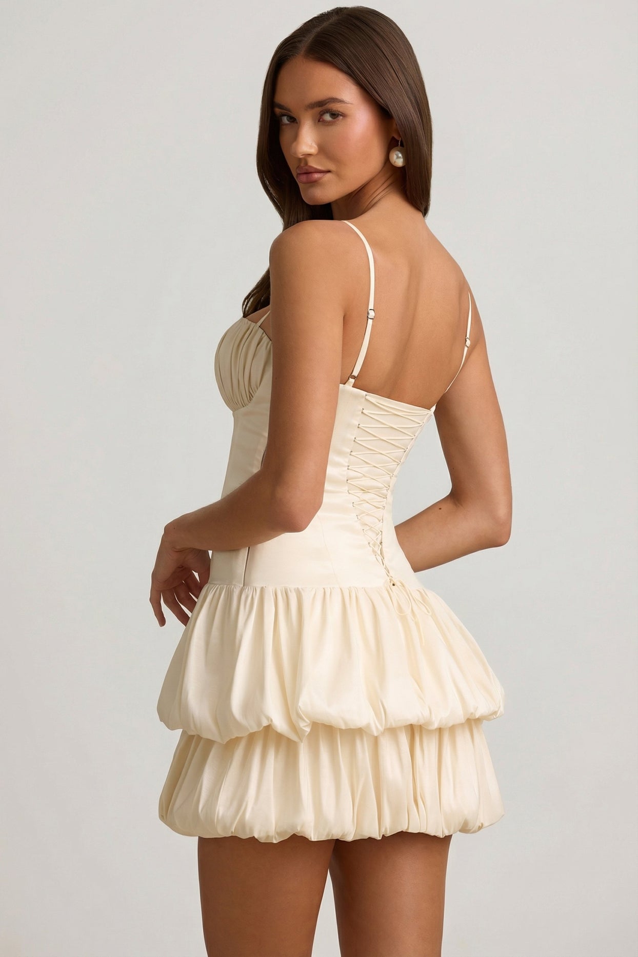 Satin Bubble Hem Corset Mini Dress in Ivory - 6