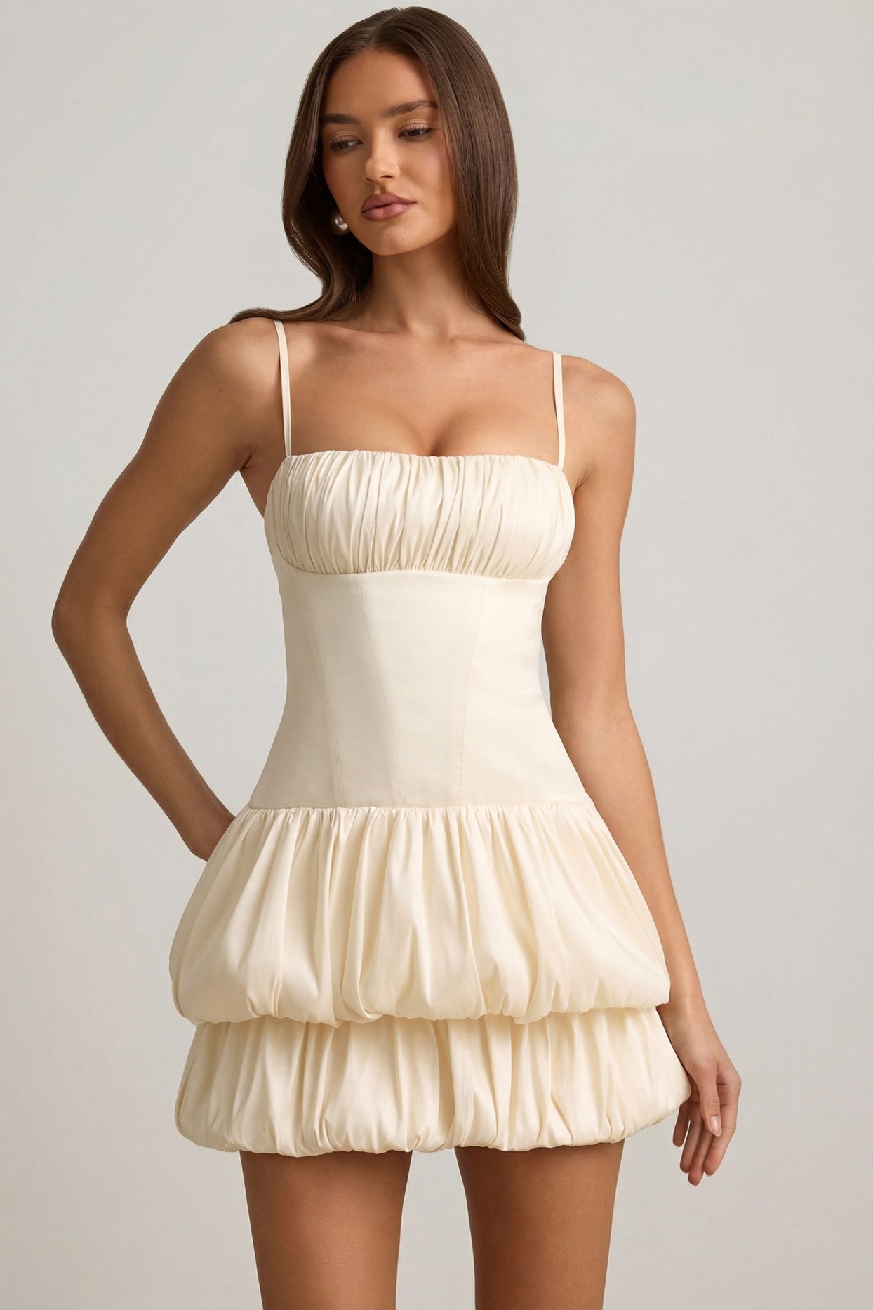 Satin Bubble Hem Corset Mini Dress in Ivory - 9