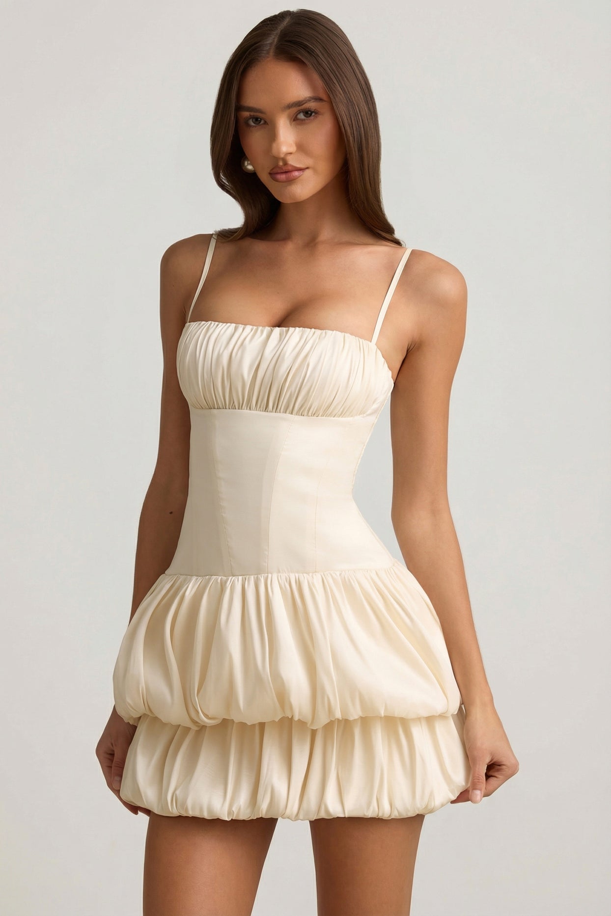 Satin Bubble Hem Corset Mini Dress in Ivory - 1