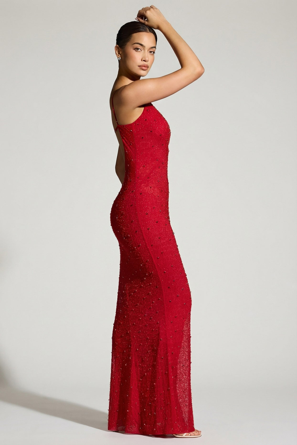 Embellished Plunge Neck Evening Gown in Red - 4
