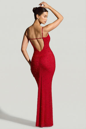 Oh Polly's Rona wearing the Colmar Gown Length Dress in Red Embellished fabric perfect for holiday parties