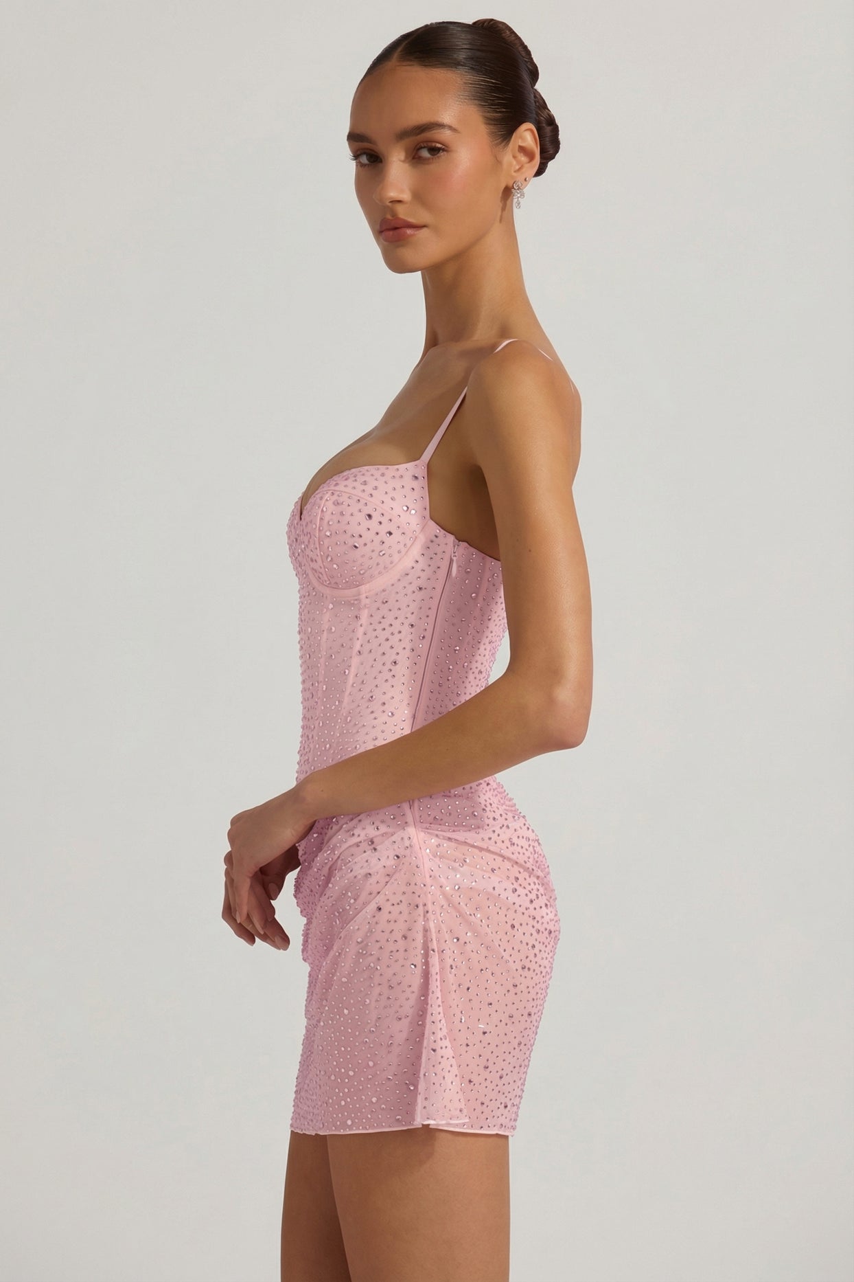 Semi-Sheer Embellished Draped Corset Mini Dress in Pink - 5
