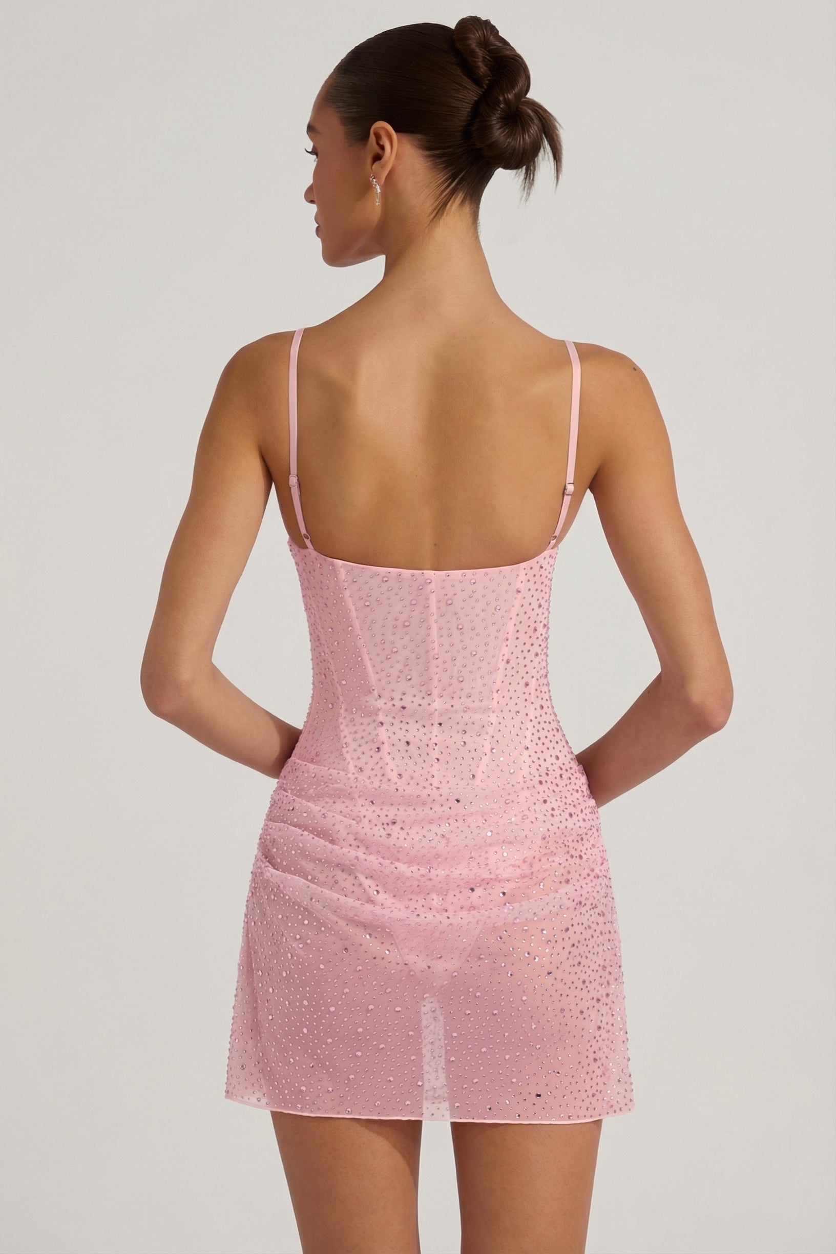 Semi-Sheer Embellished Draped Corset Mini Dress in Pink - 2