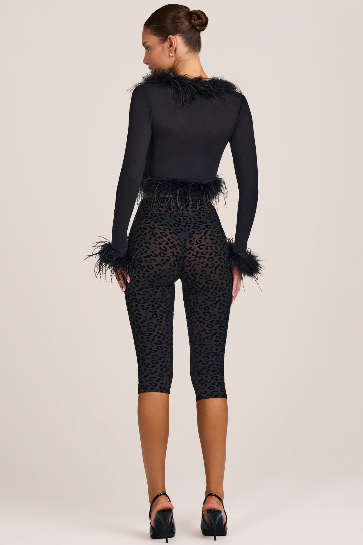 Flocked Leopard Mesh Capri Trousers in Black