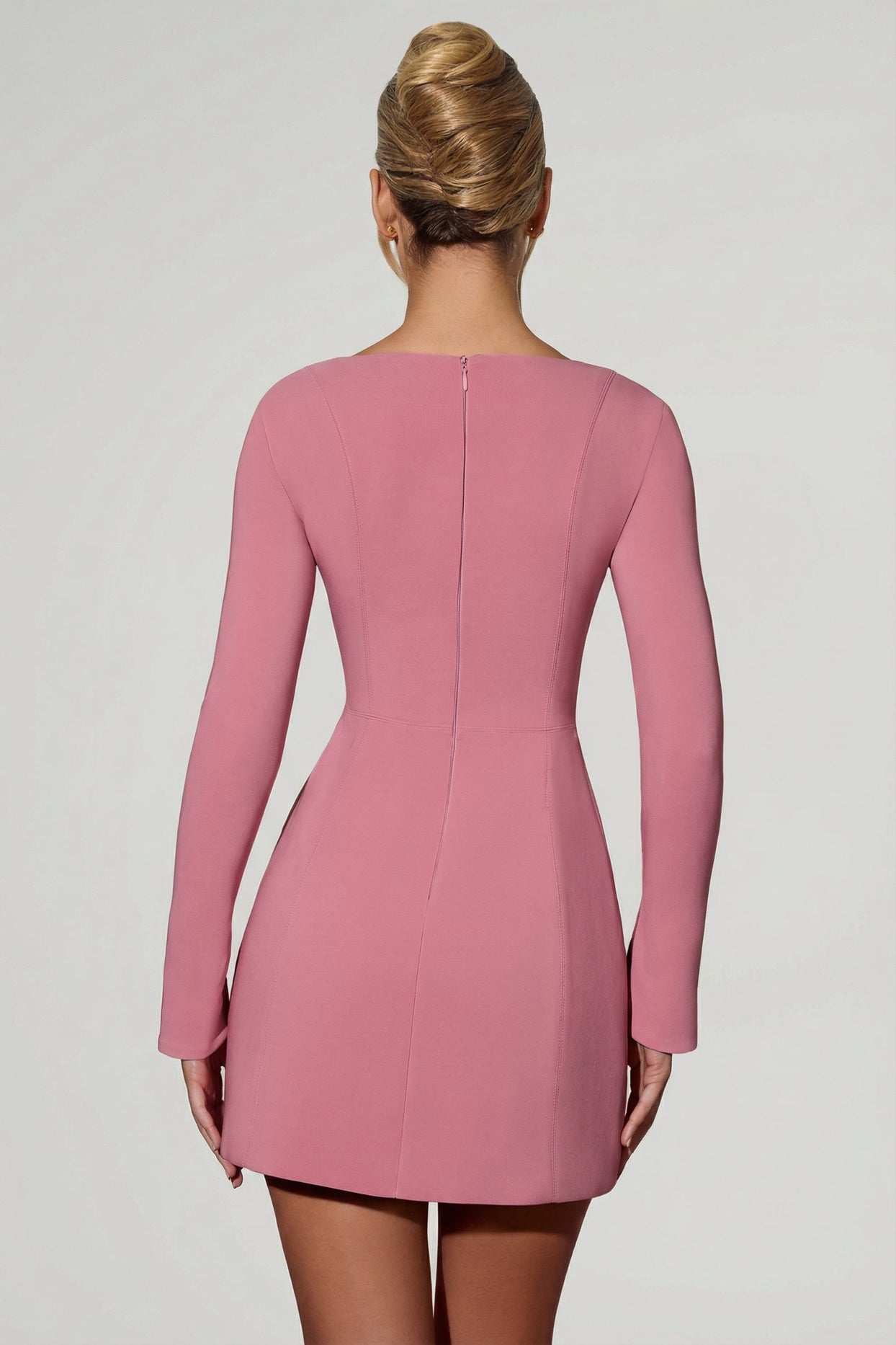 Sweetheart-Neck Long-Sleeve A-Line Mini Dress in Dusty Pink - 2