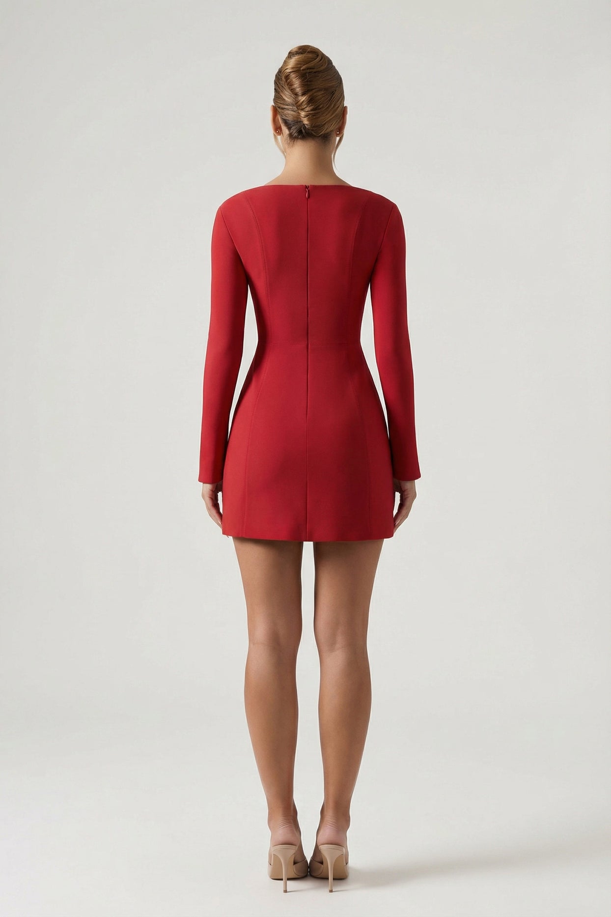 Sweetheart-Neck Long-Sleeve A-Line Mini Dress in Red - 2