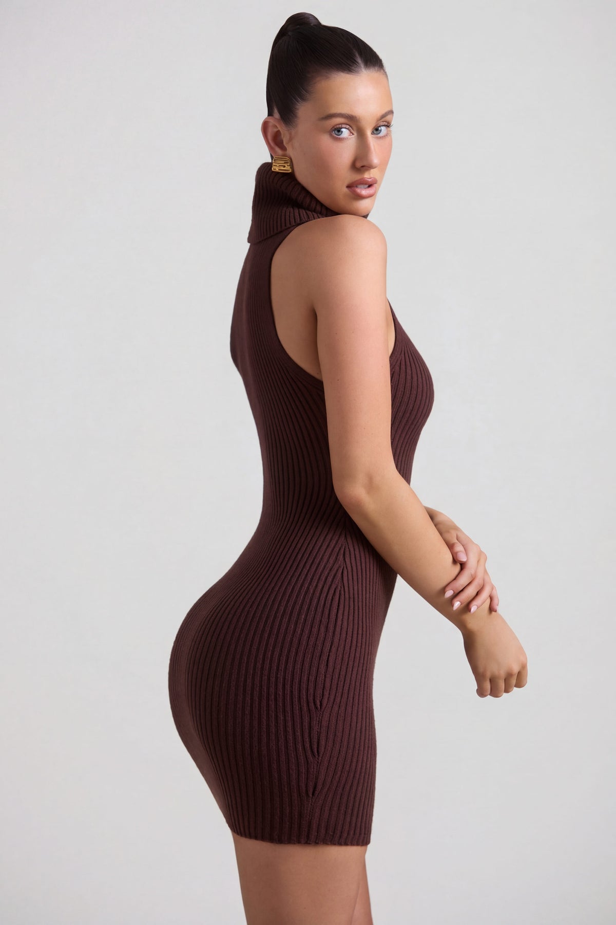 Ribbed-Knit Turtleneck Mini Dress in Espresso
