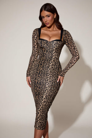 Layered Bra-Detail Ruched Midaxi Dress in Leopard Print