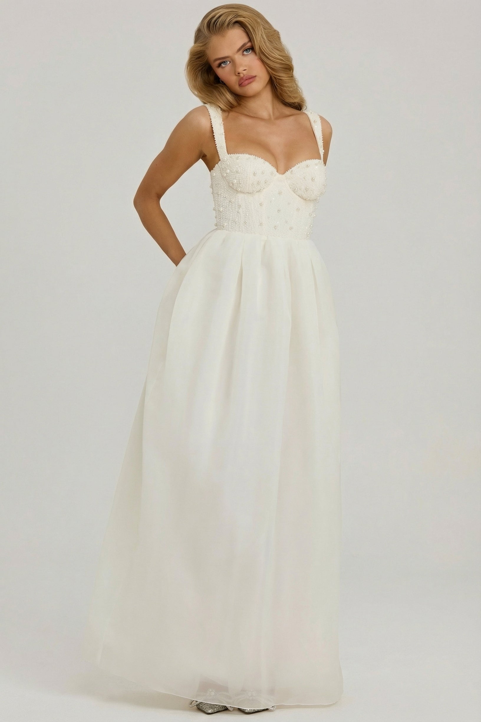 Embellished Corset Gown in White - 1