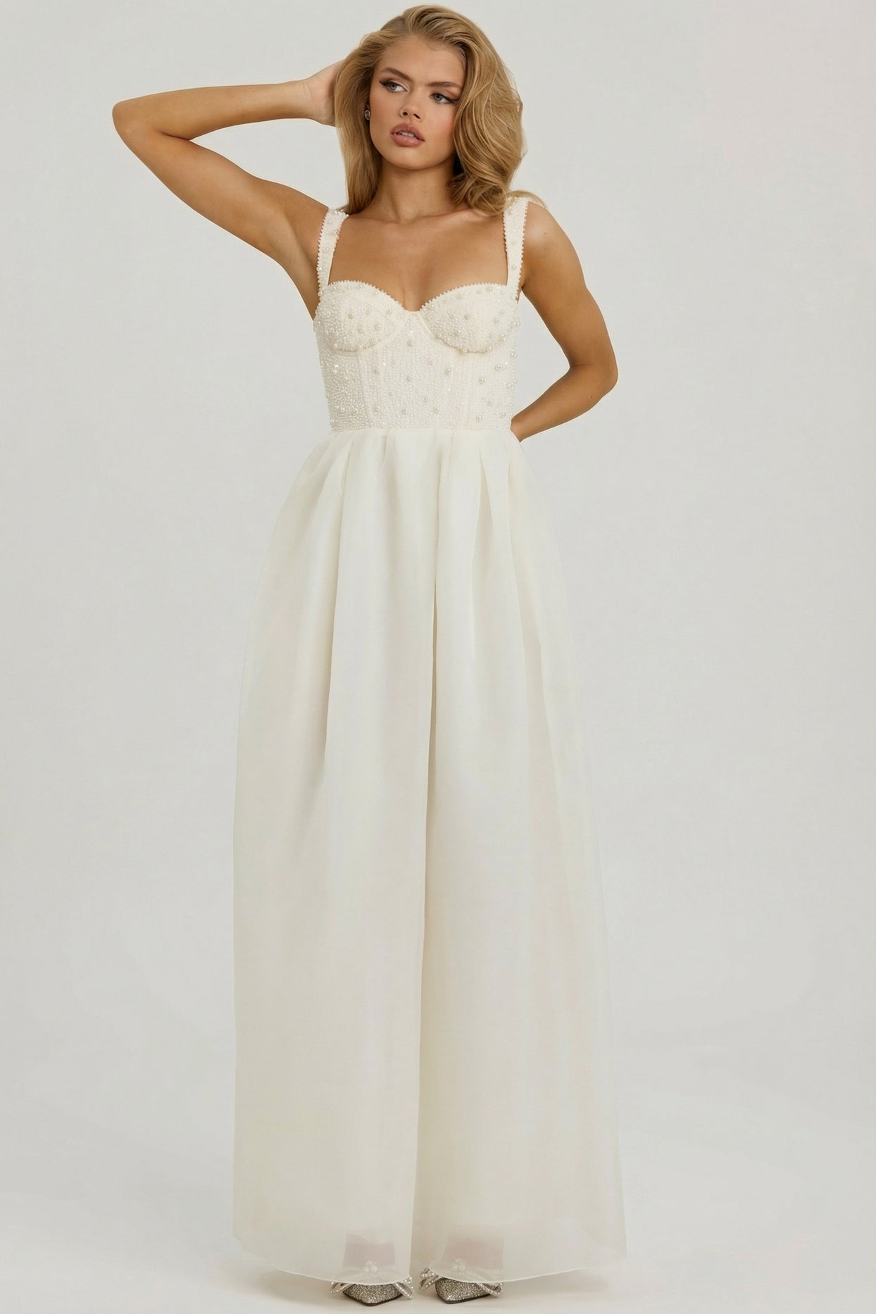 Embellished Corset Gown in White - 8