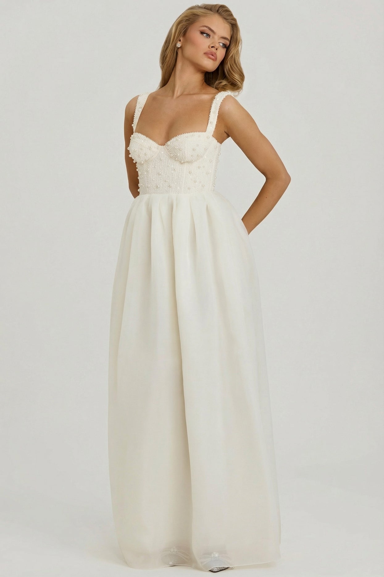 Embellished Corset Gown in White - 9
