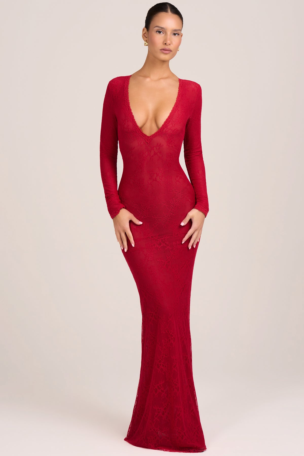 Lace Long-Sleeve Maxi Dress in Fire Red